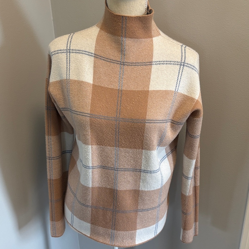 Rachel Zoe Camel and Cream Plaid Turtleneck Sweater